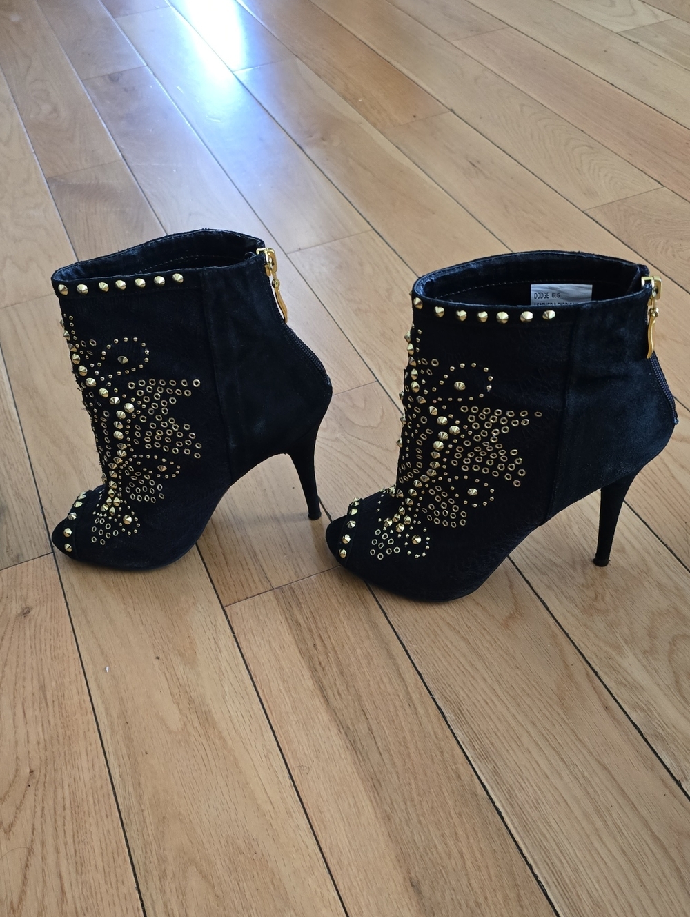 Black Suede Studded Ankle Booties with Gold Accents